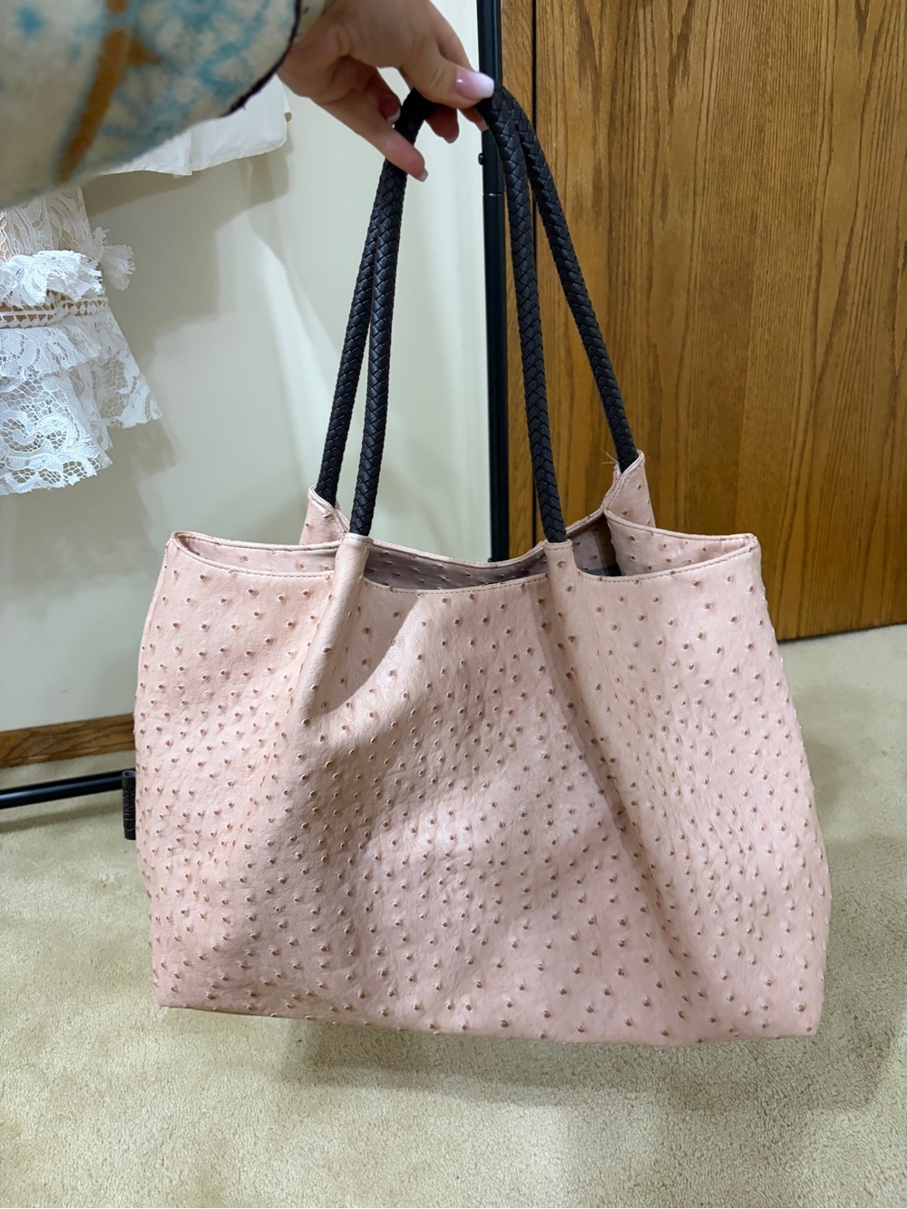 Blush Pink ostrich Tote bag with Braided Black Handles